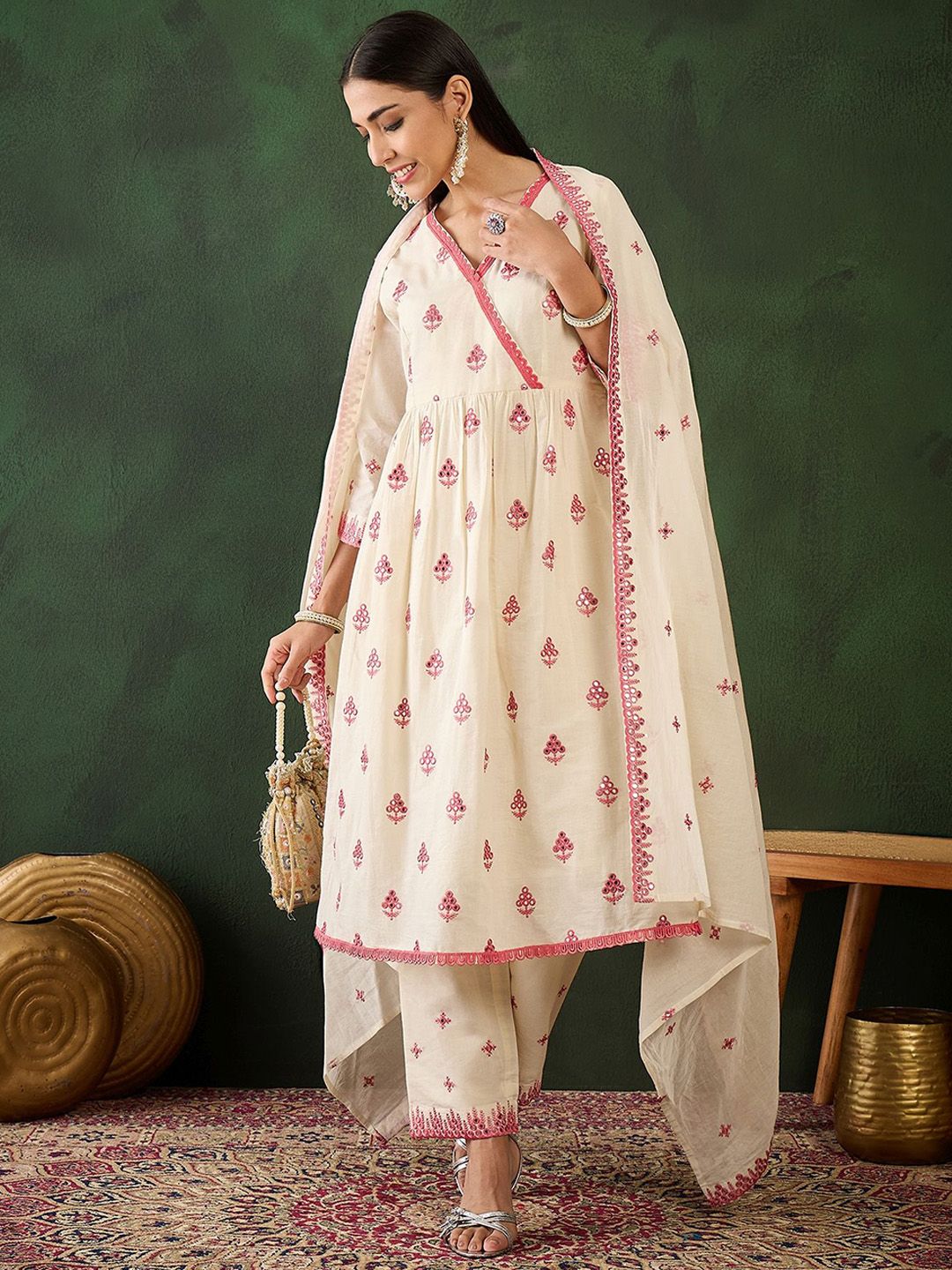 Dhiyona SN Women's Off White Floral Embroidered Pure Cotton Mirror Work Kurta & Trouser With Dupatta