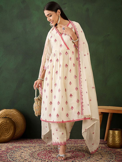 Dhiyona SN Women's Off White Floral Embroidered Pure Cotton Mirror Work Kurta & Trouser With Dupatta