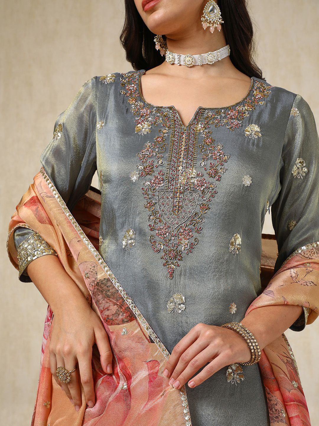 Dhiyona SO Women's Ethnic Motifs Embroidered Zardosi Kurti with Palazzos & Dupatta