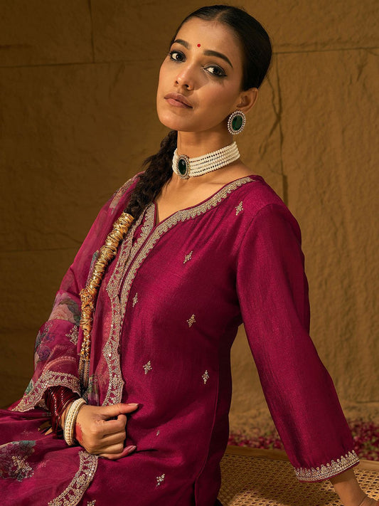Dhiyona IE Floral Embroidered Straight Kurta with Trousers & Dupatta