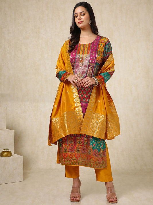 Dhiyona SO Women's Ethnic Motifs Printed Mirror Work Straight Kurta With Trouser & Dupatta