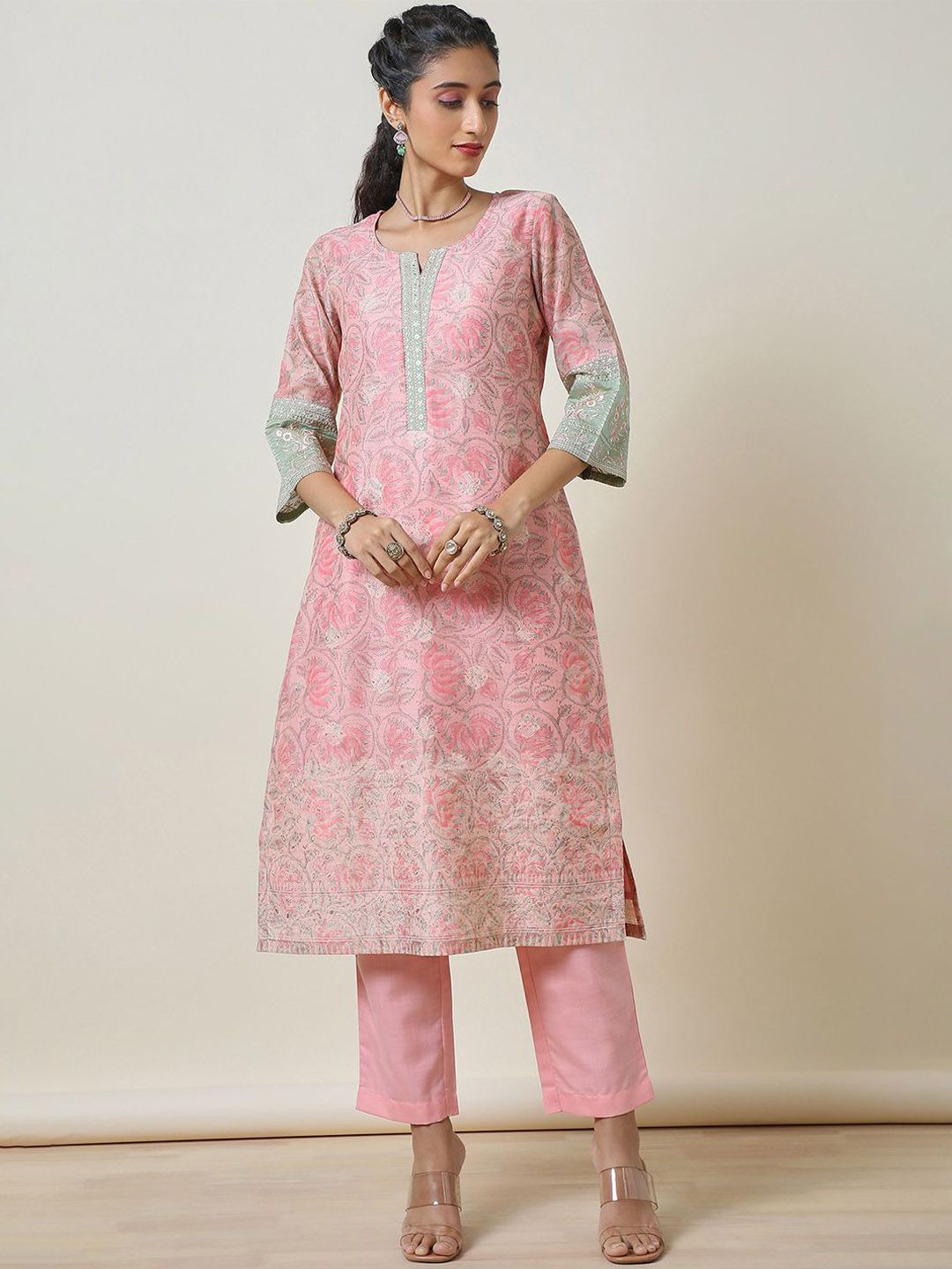 Dhiyona SO Women's Pink Ethnic Motifs Printed Thread Work Chanderi Silk Kurta With Trousers & Dupatta