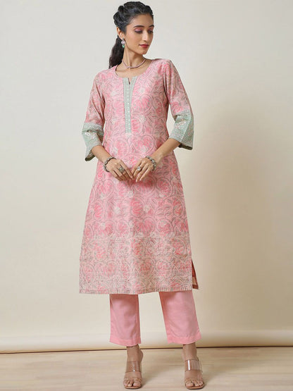 Dhiyona SO Women's Pink Ethnic Motifs Printed Thread Work Chanderi Silk Kurta With Trousers & Dupatta
