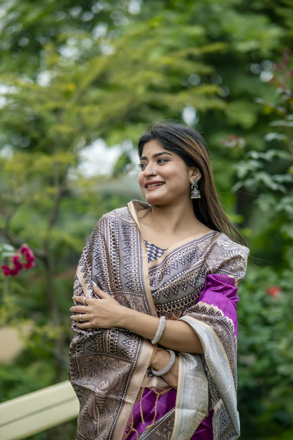Women Yogita Madhubani 3 Wine Saree With Unstiched Blouse