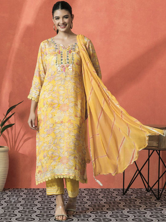 Dhiyona SN Women's Floral Embroidered V-Neck Mirror Work Cotton Straight Kurta With Trouser & Dupatta