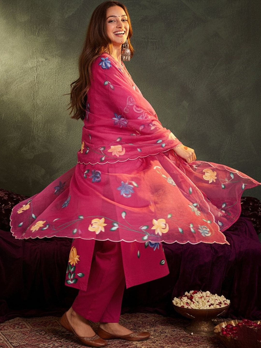 Floral Printed Sraight Thread Work Pure Cotton Kurta With Trousers & Dupatta