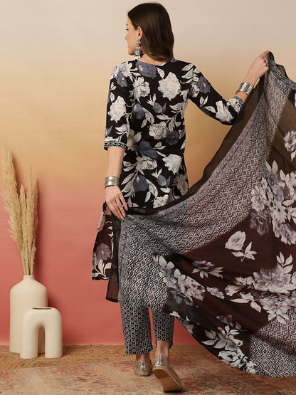 Dhiyona SN Women's Floral Printed Adda Work Cotton Kurta With Trouser & Dupatta