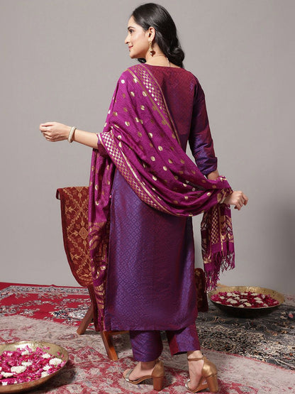 Dhiyona VA Women'sGeometric Woven Design Regular Zari Kurta with Trousers & Dupatta