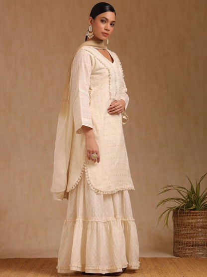 Dhiyona SO Women's Geometric Woven Design Mirror Work Cotton Straight Kurta With Sharara & Dupatta