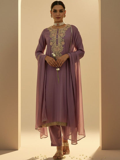 Floral Embroidered Thread Work Straight Kurta With Trouser & Dupatta