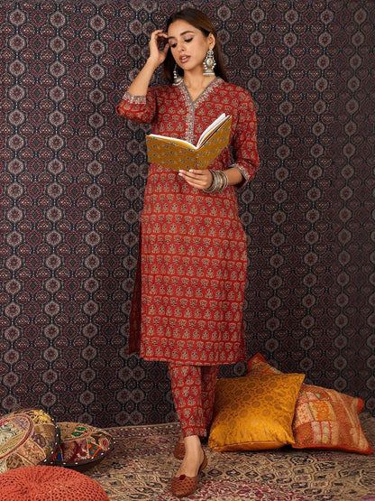 Dhiyona IE Floral Printed V-Neck Pure Cotton Tunic With Trousers