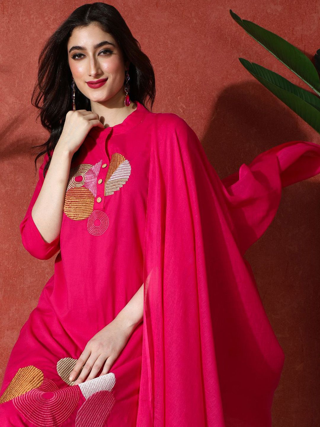 Dhiyona SN Women's Embroidered Pure Cotton A-Line Kurta & Trouser With Dupatta