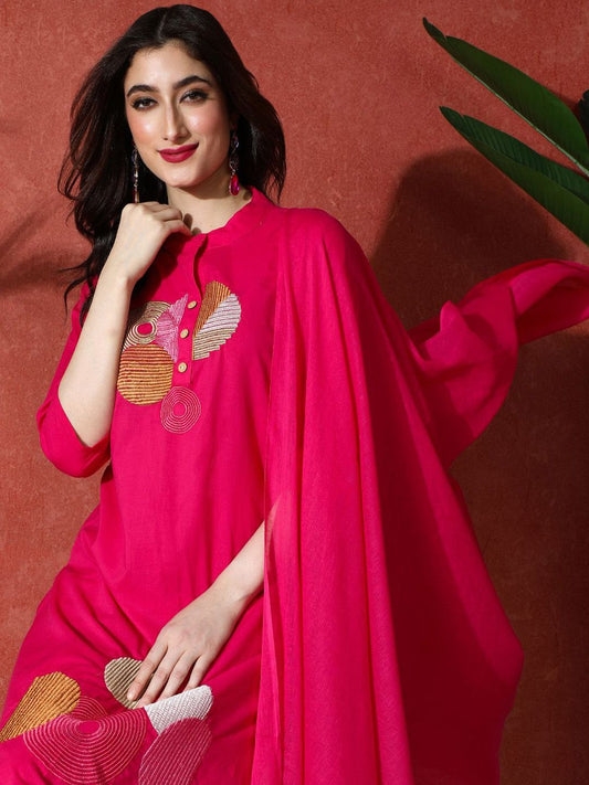 Dhiyona SN Women's Embroidered Pure Cotton A-Line Kurta & Trouser With Dupatta