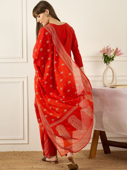 Women Ethnic Motifs Embroidered Regular Mirror Work Pure Cotton Kurta with Trousers & With Dupatta