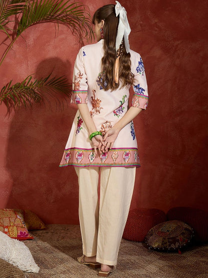 Women Ethnic Motifs Printed Regular Thread Work Pure Cotton Kurti with Trousers