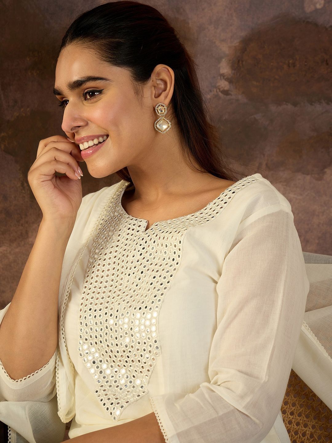 Women Solid Cotton A-Line Kurta with Trousers & Dupatta