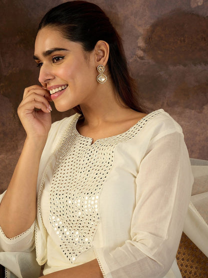 Women Solid Cotton A-Line Kurta with Trousers & Dupatta