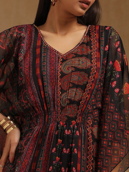 Dhiyona SO Women's Ethnic Motifs Printed Beads And Stones Kaftan Kurta With Trousers