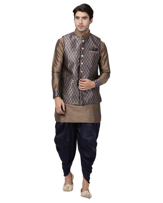 Men's Navy Blue Silk Blend Straight Jacket  Kurta and Dhoti Set