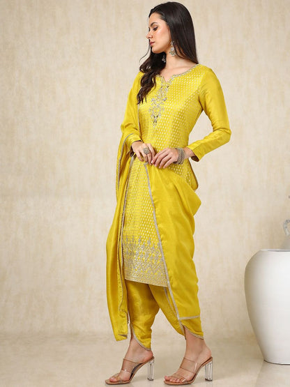Dhiyona SO Women's Ethnic Motifs Woven Design Straight Kurta with Dhoti Pants & Dupatta