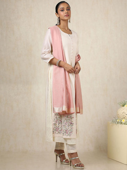 Dhiyona SO Women's Alina Cut Floral Embroidered Thread Work Round Neck Chanderi Silk Kurta With Trousers & Dupatta