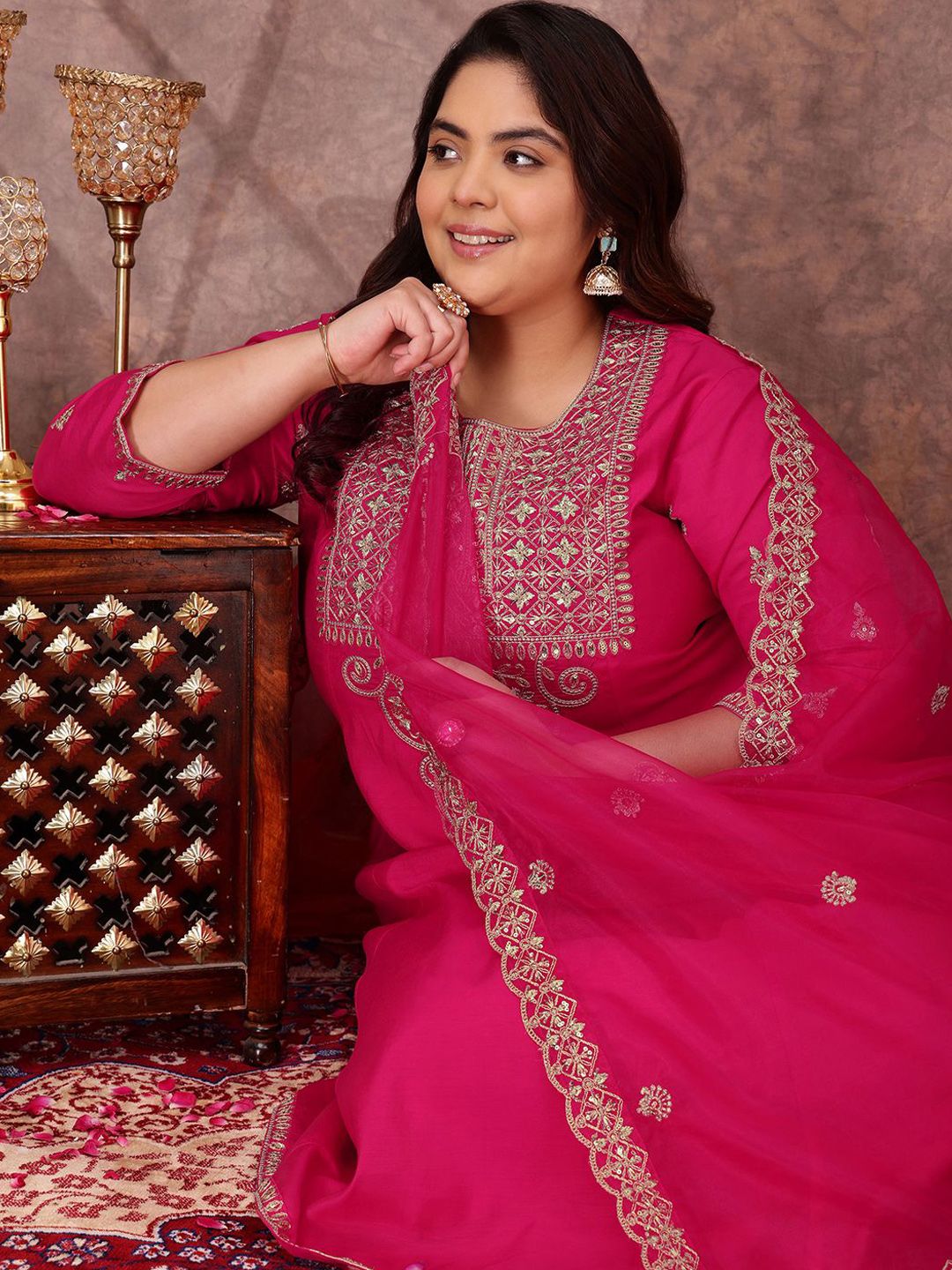Dhiyona IN Floral Yoke Design Sequinned Anarkali Kurta With Palazzos & Dupatta