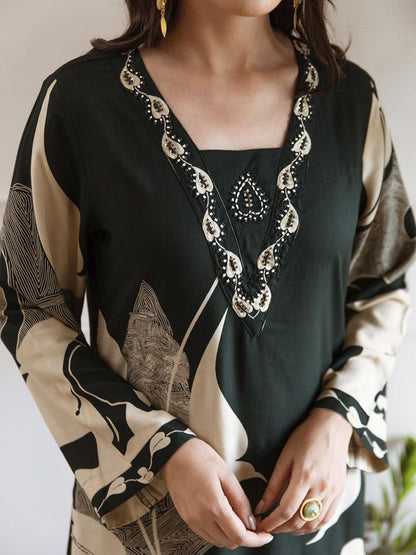 Dhiyona IE Printed Beads and Stones A-Line Kurta with Palazzos