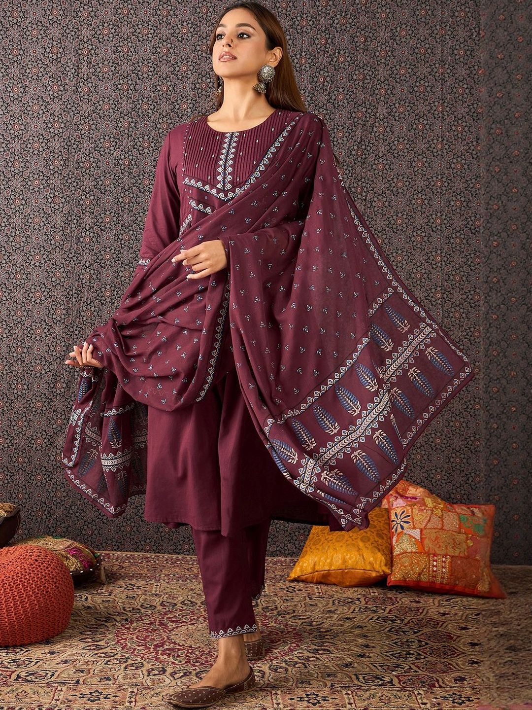 Women Ethnic Motifs Printed Cotton A-Line Kurta with Trousers & Dupatta
