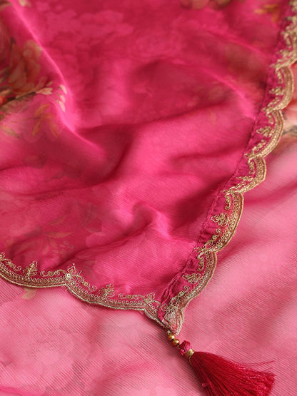 Dhiyona SO Women's Floral Woven Design V-Neck Sequinned Straight Kurta With Trousers And Dupatta