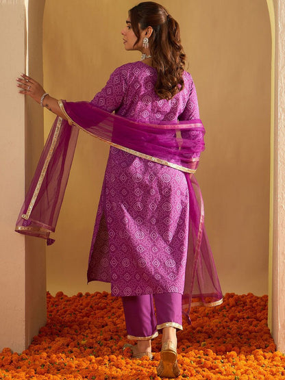 Bandhani Embroidered Sequinned Pure Cotton Straight Kurta With Trousers & Dupatta