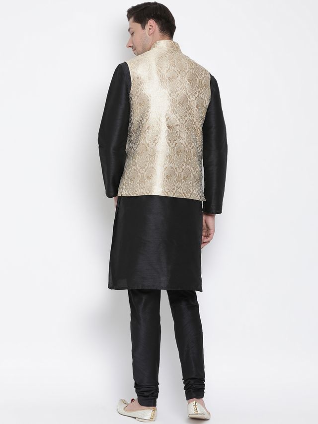 Men's Black Silk Blend Straight Jacket  Kurta and Pyjama Set