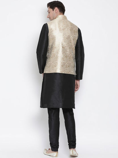 Men's Black Silk Blend Straight Jacket  Kurta and Pyjama Set