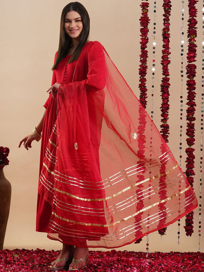 Women's Solid Round Neck Regular Anarkali Kurta with Trousers & Dupatta