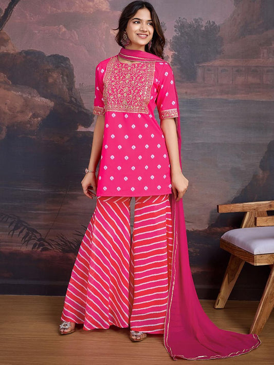 Dhiyona PD Women Bandhani Printed Round Neck Kurta & Sharara With Dupatta