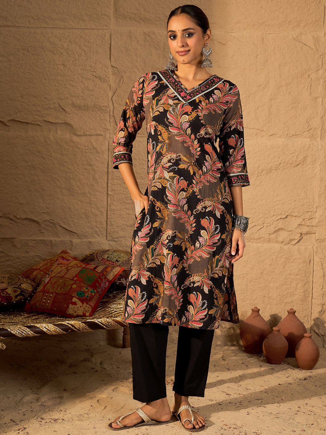 Dhiyona IE Women's Women Floral Embroidered Pure Cotton Kurta with Trouser & Dupatta