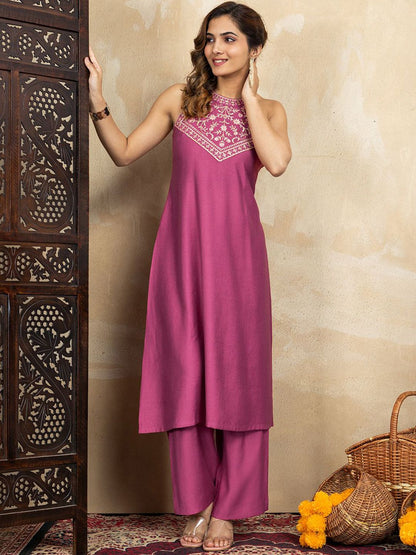 Dhiyona PD Women Floral Yoke Design Thread Work A-Line Kurta & Trousers