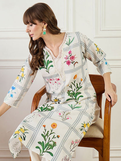 Women Floral Printed Linen Kurta with Trousers
