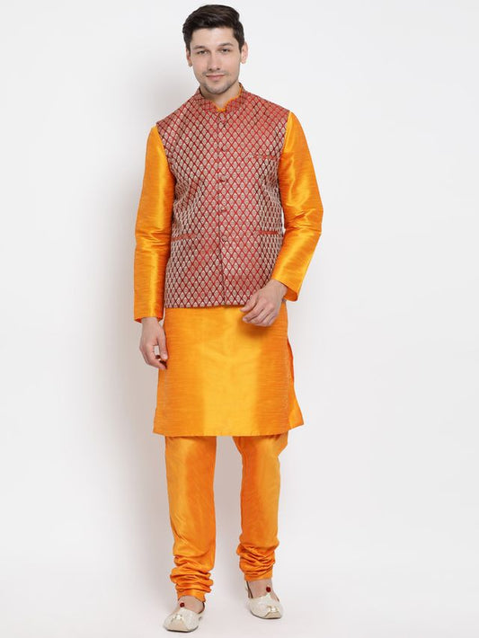 Men's Orange Silk Blend Straight Jacket  Kurta and Pyjama Set