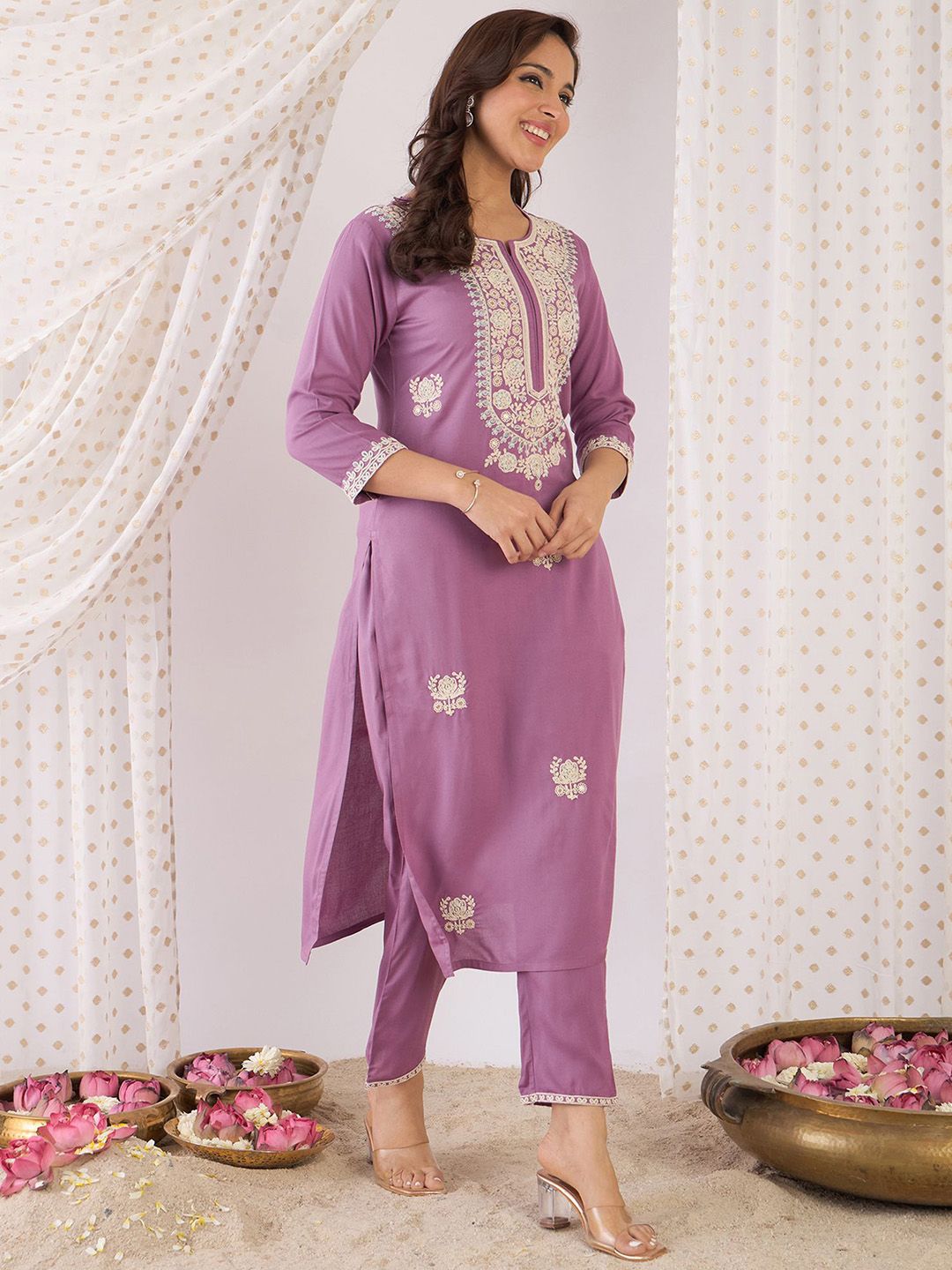 Floral Embroidered Thread Work Yoke Design Round Neck Straight Kurta With Trouser