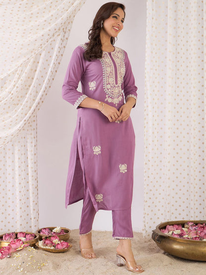 Floral Embroidered Thread Work Yoke Design Round Neck Straight Kurta With Trouser