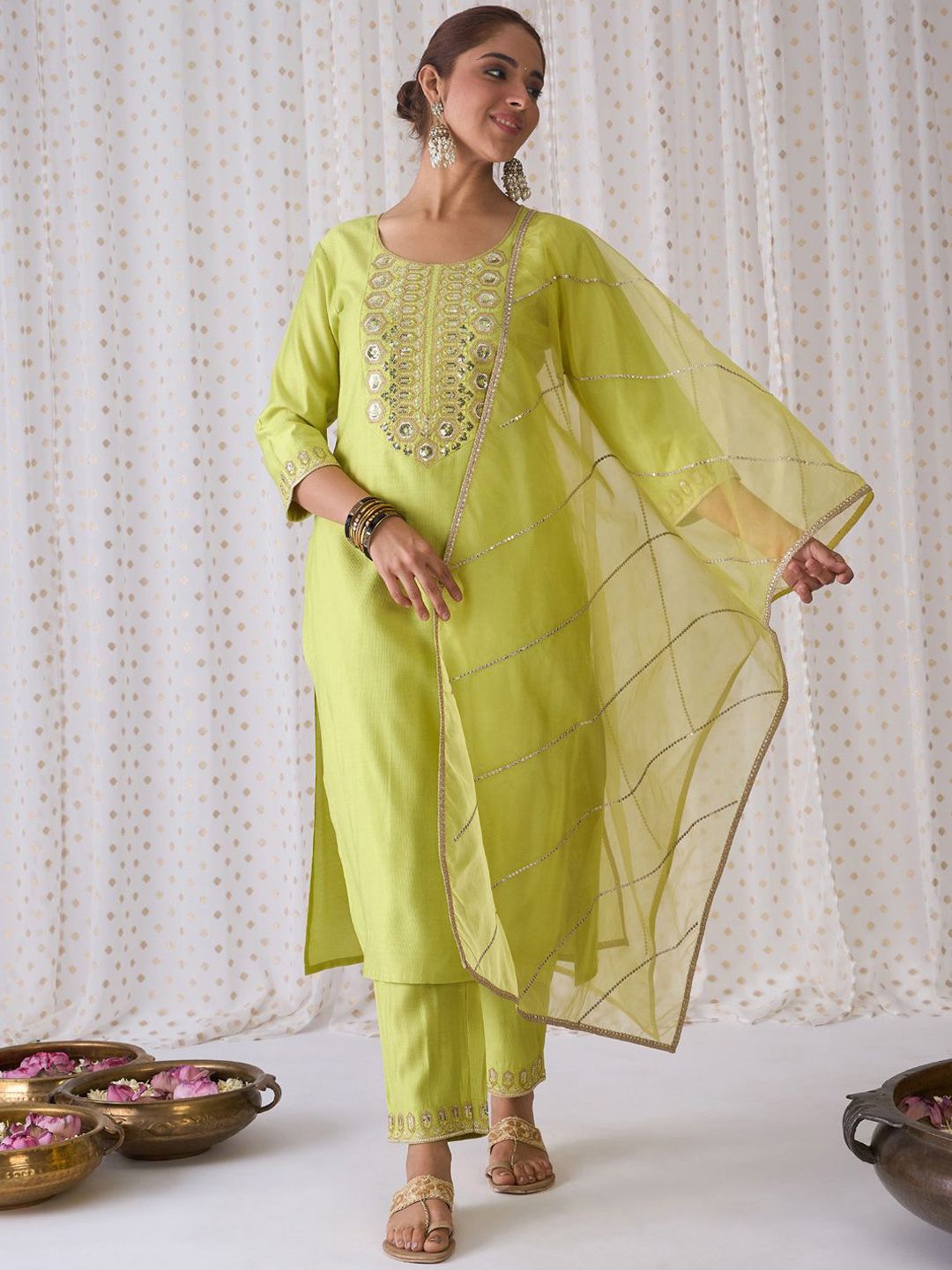 Dhiyona IE Floral Yoke Design Sequnnied Straight Kurta With Trousers & Dupatta
