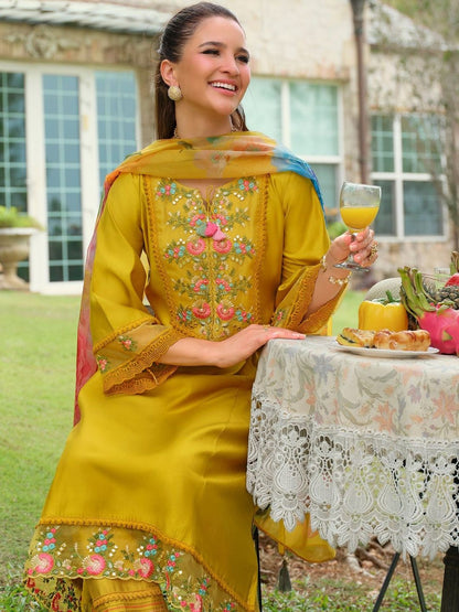 Floral Yoke Design Tie-Up Neck Mirror Work A-Line Kurta & Dupatta with Trousers