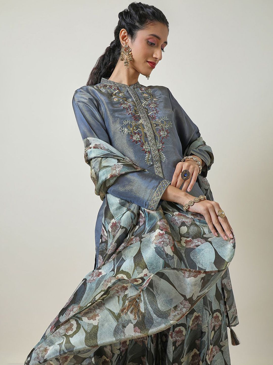 Dhiyona SO Women's Floral Embroidered Thread Work Tissue Straight Kurti with Palazzos & Dupatta