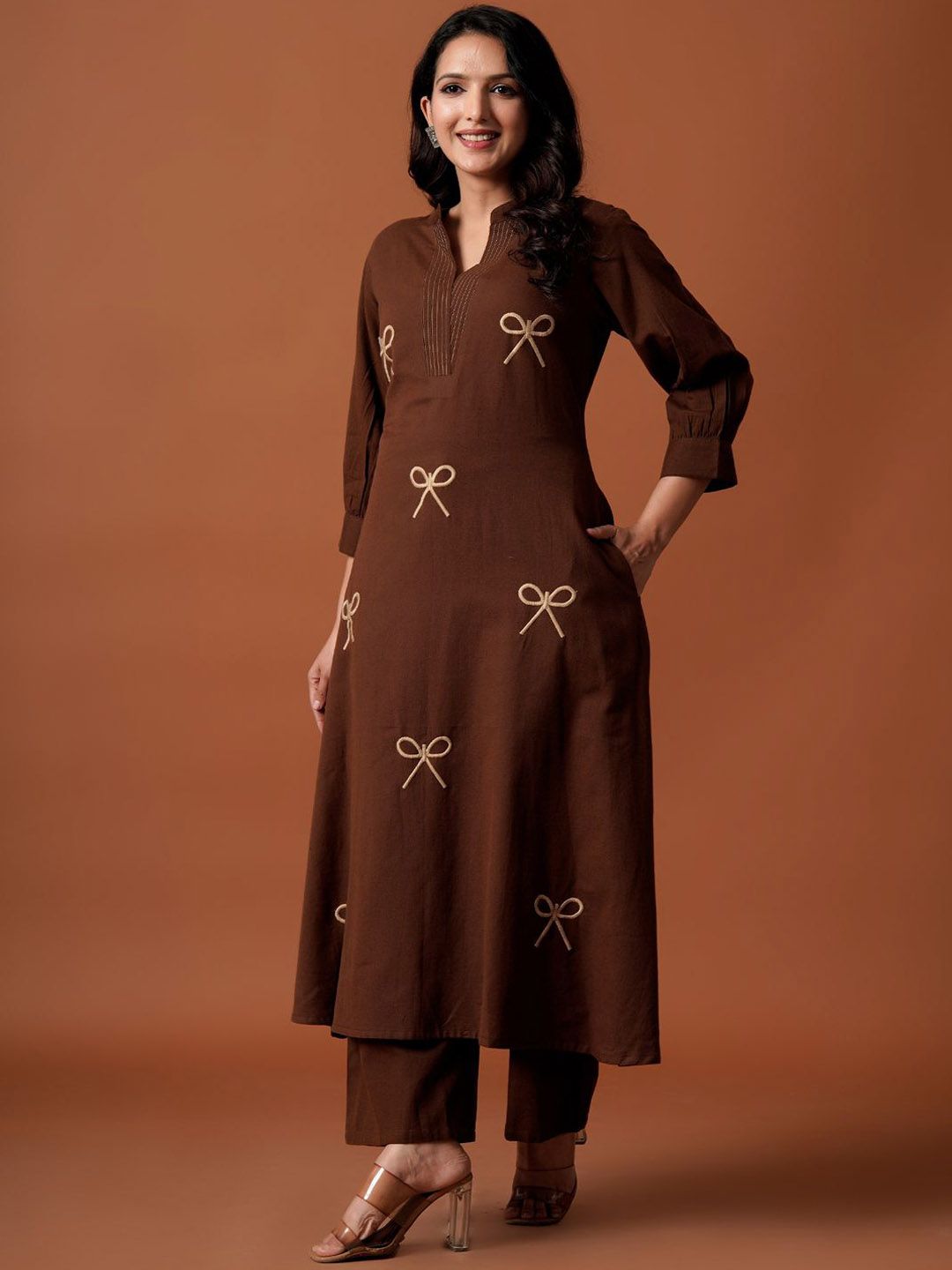 Dhiyona IE Embroidered Mandarin Collar Pure Cotton A-Line Top With Trousers
