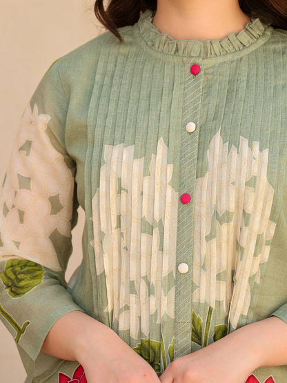 Dhiyona IE Floral Printed Pure Cotton Mandarin Collar Tunic With Trousers