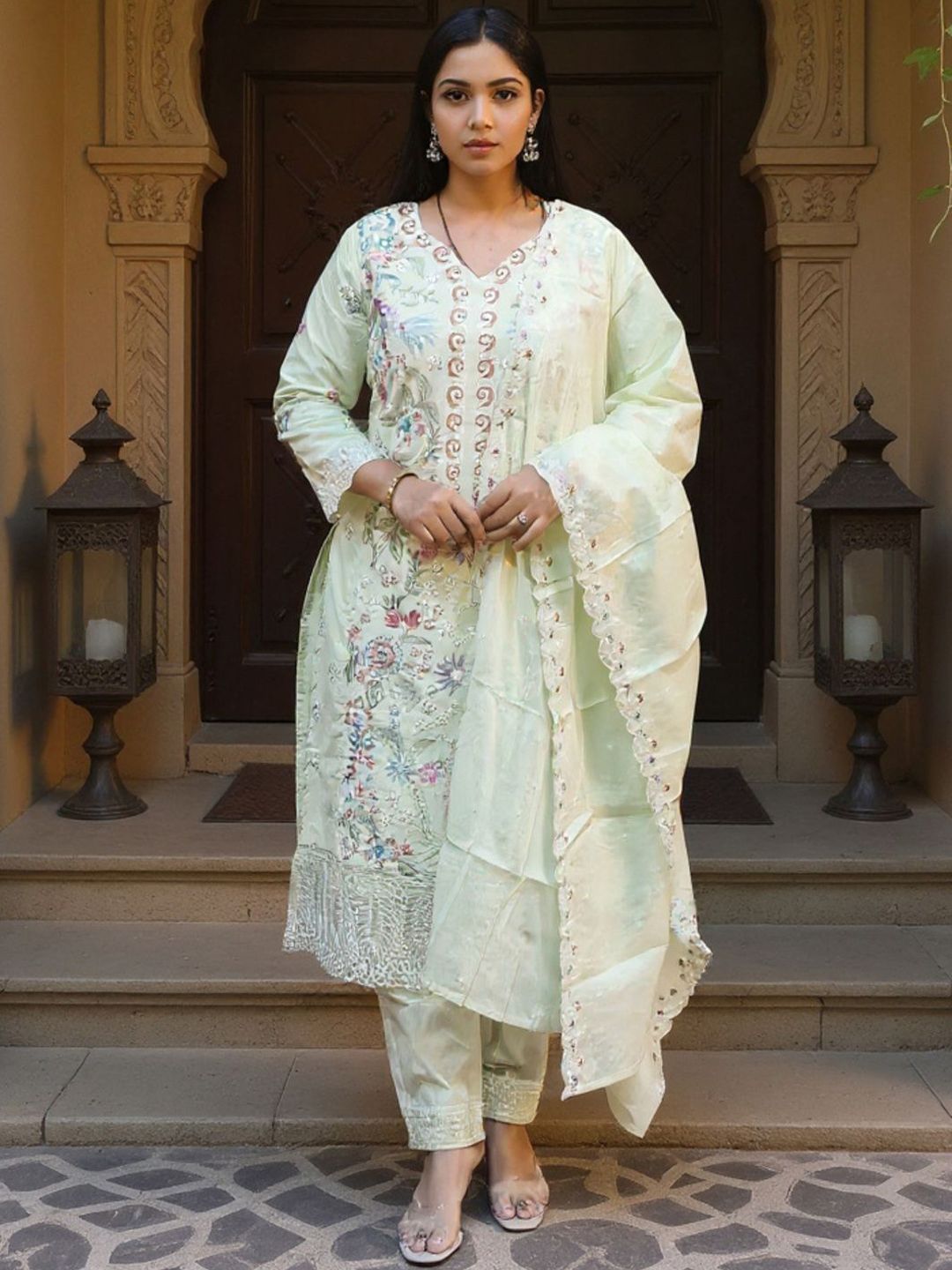 Women Embroidered Regular Thread Work Pure Cotton Kurta with Trousers & Dupatta
