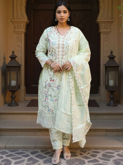Women Embroidered Regular Thread Work Pure Cotton Kurta with Trousers & Dupatta