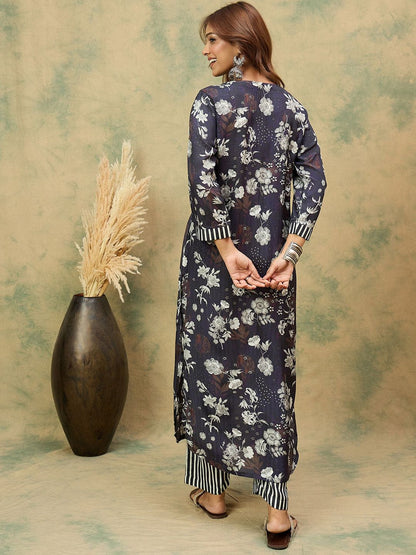 Dhiyona VA Women'sFloral Printed V-Neck Kurta With Trousers