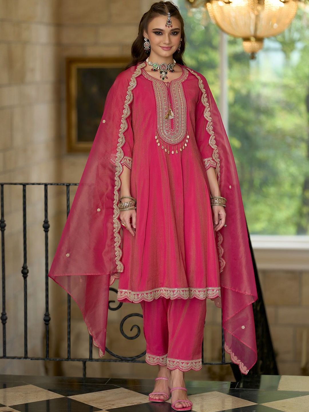 Embroidered Notch A-Line Kurta With Trousers & Dupatta