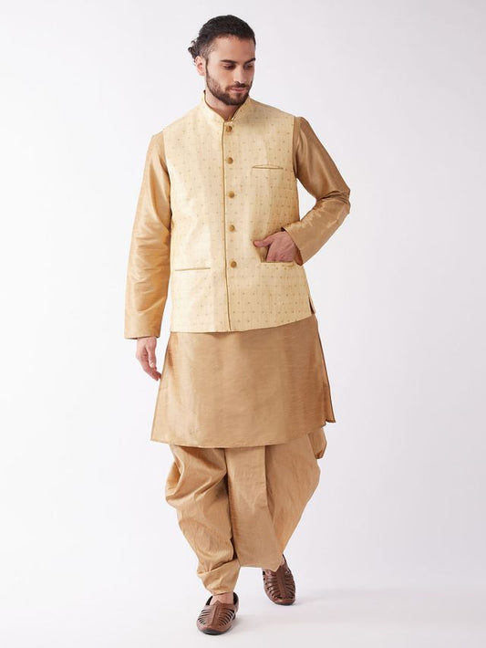 Men's Rose Gold Silk Blend Straight Jacket  Kurta and Dhoti Set